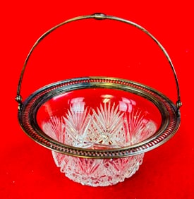 Antique Cut Glass Basket Sterling Silver Handle