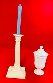 2 Pcs Old Creamware Candlestick & Apothecary Jar
