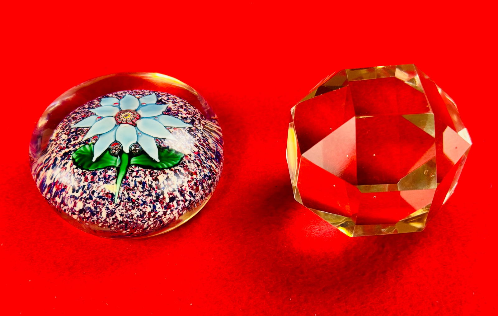 Old Boston & Sandwich Bl Poinsettia Paperweight: Antique circa 1870-1887 New England Paperweight which was blown at the Boston And Sandwich Glassworks possibly by Lutz. Paperweight features a lampwork 12 petal blue poinsettia with controlled bubble