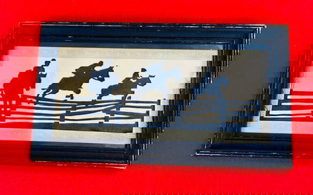 Framed Silhouette Horse And Riders Jumping Fence