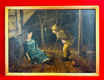 Antique 19th C Painting The Farm Hands
