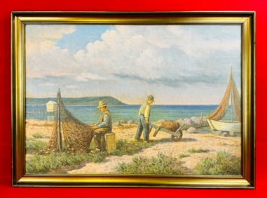 Oil Painting Mending Nets By Alfred Larsen