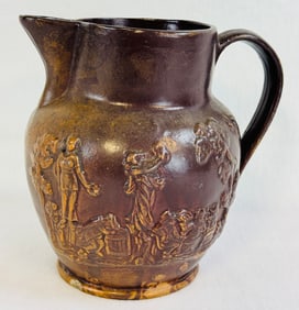 Slip Glazed Pitcher W Relief Molded Decoration