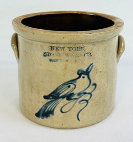 N Y Stoneware Small Crock With Bird Decoration