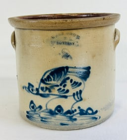 West Troy Pottery Crock Chicken Pecking Corn
