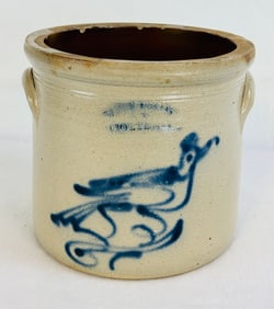 Small West Troy Pottery Stoneware Crock W Bird