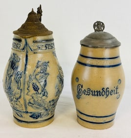 Lot 2 Blue & White Molded Stoneware Tankards