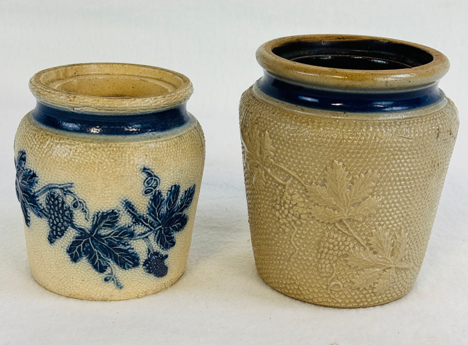 2 Blue & White Molded Decorated Stoneware Jars (1 of 6)