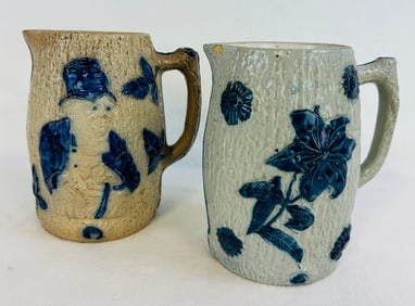 Lot 2 Blue & White Molded Stoneware Pitchers