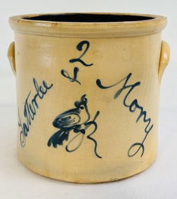 Rare Satterlee & Mory Crock With Bird Decoration