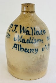 P T Wallace Albany NY Script Merchant Advtg Jug