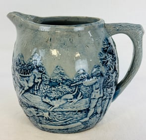 Bl & Wh Molded Stoneware Pitcher Hunt Scene
