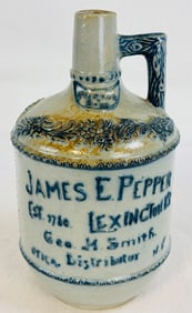 Blue & White Molded Stoneware Advertising Jug