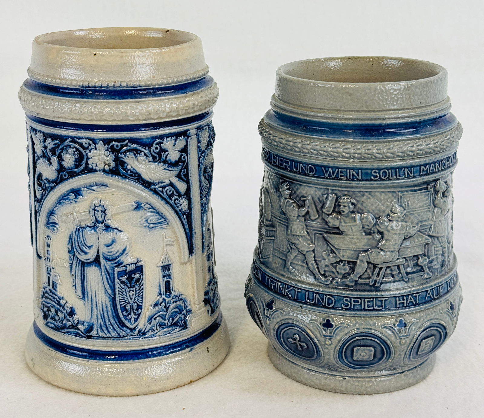 2 German Relief Molded Bl & Wh Stoneware Mugs (1 of 6)