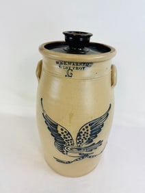 Wm E. Warner West Troy Stoneware Churn W Eagle