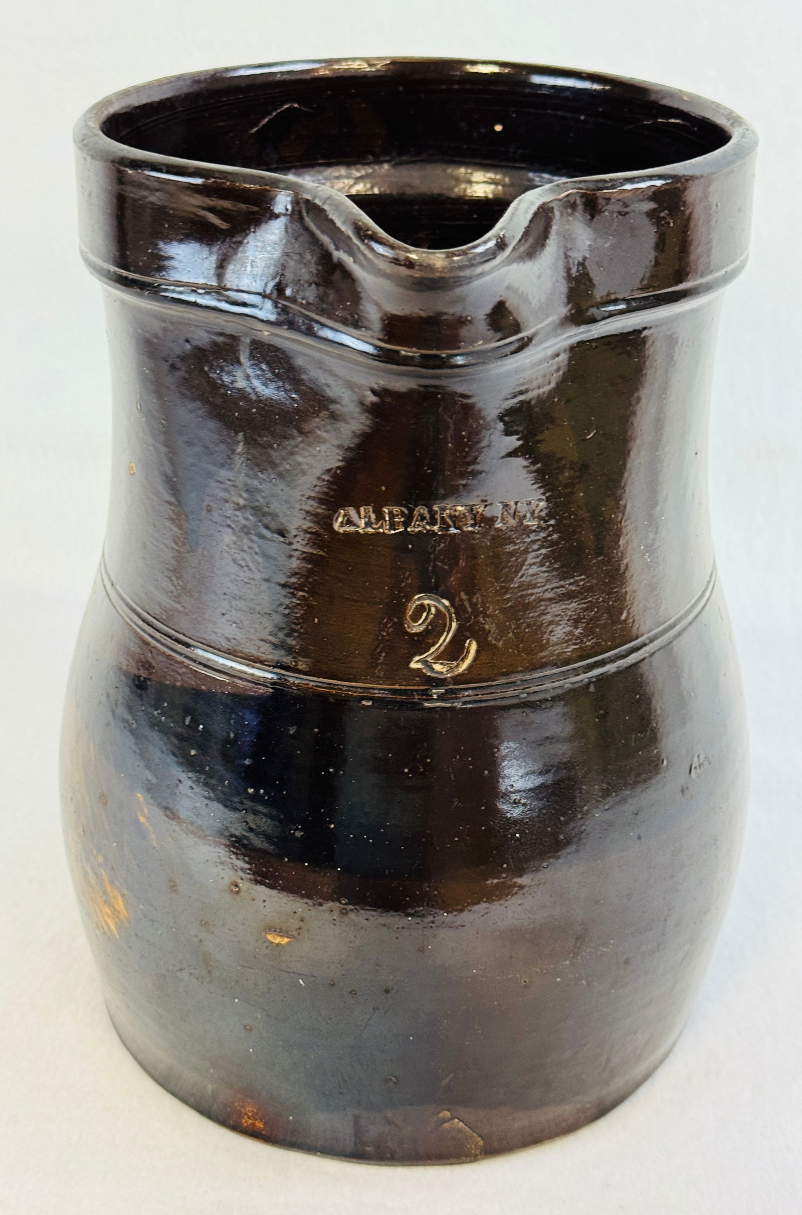 "Albany NY" Slip Glazed 2 Gal Stoneware Pitcher (1 of 8)