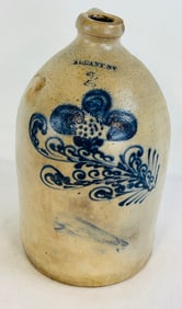 Albany N.Y. Stoneware Jug W Elaborate Bl Floral