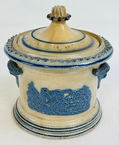 Bl & Wh Molded Covered Jar W Rams Head Handles