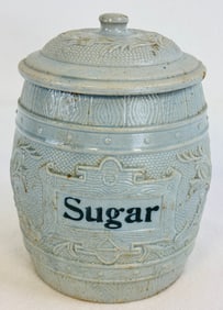 Bl & Wh Molded Stoneware Covered "Sugar" Jar