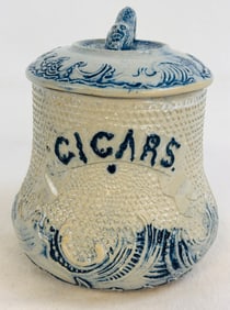 Whites Utica Bl & Wh Stoneware Cigar Humidor