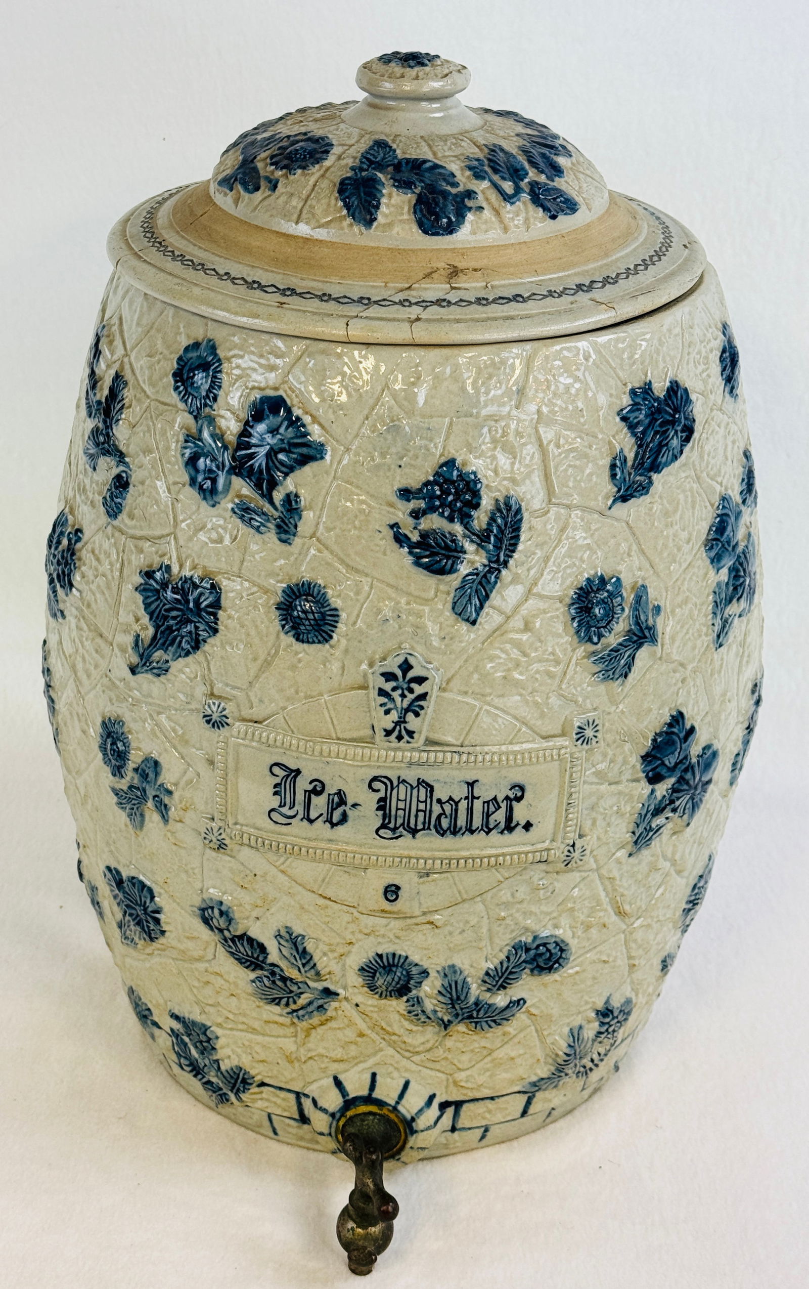 Lg Bl & Wh Stoneware "Ice Water" Cooler With Lid (1 of 10)