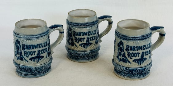 3 Bardwell's Root Beer Advertg Stoneware Mugs