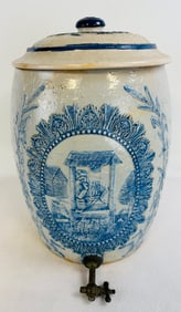 Lg Bl & Wh Molded Stoneware Cooler Decorated