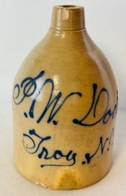 P W Dodge Troy NY Script Merchants Advertg Jug