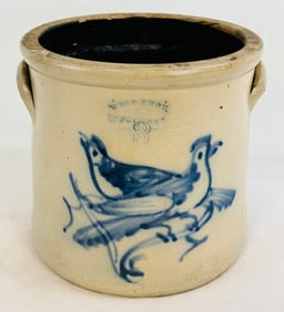 West Troy Pottery Double Bird Decorated Crock