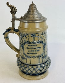 Whites Utica Bl & Wh Molded Stoneware Stein