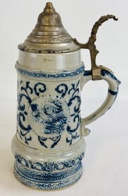 Whites Utica Bl & Wh Molded Stoneware Stein