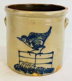 Large Bird On Fence Decorated Crock