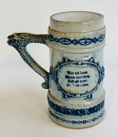 Blue & White Molded Stoneware Stein Men Drinking