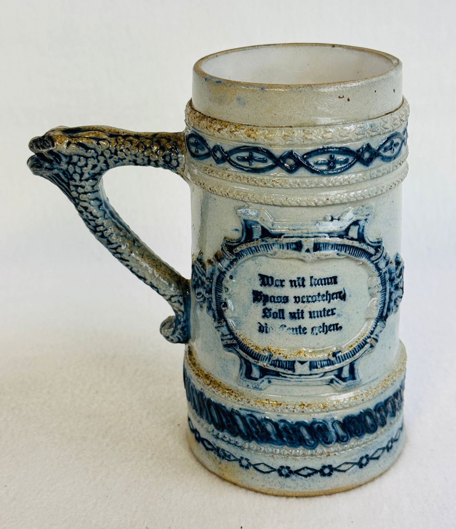 Blue & White Molded Stoneware Stein Men Drinking (1 of 6)