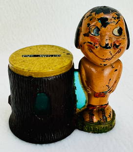 Scarce 1916 SKOOKUM Figural Candy Container With Original Paint: Scarce 3 5/8" SKOOKUM figural candy container with its original paint. Candy container is made from green glass and is embossed Geo Borgfelt & Co Sole Licensees along with the date 1916. Candy contain