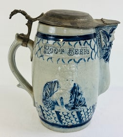 Lg Blue & White Stoneware Root Beer Pitcher