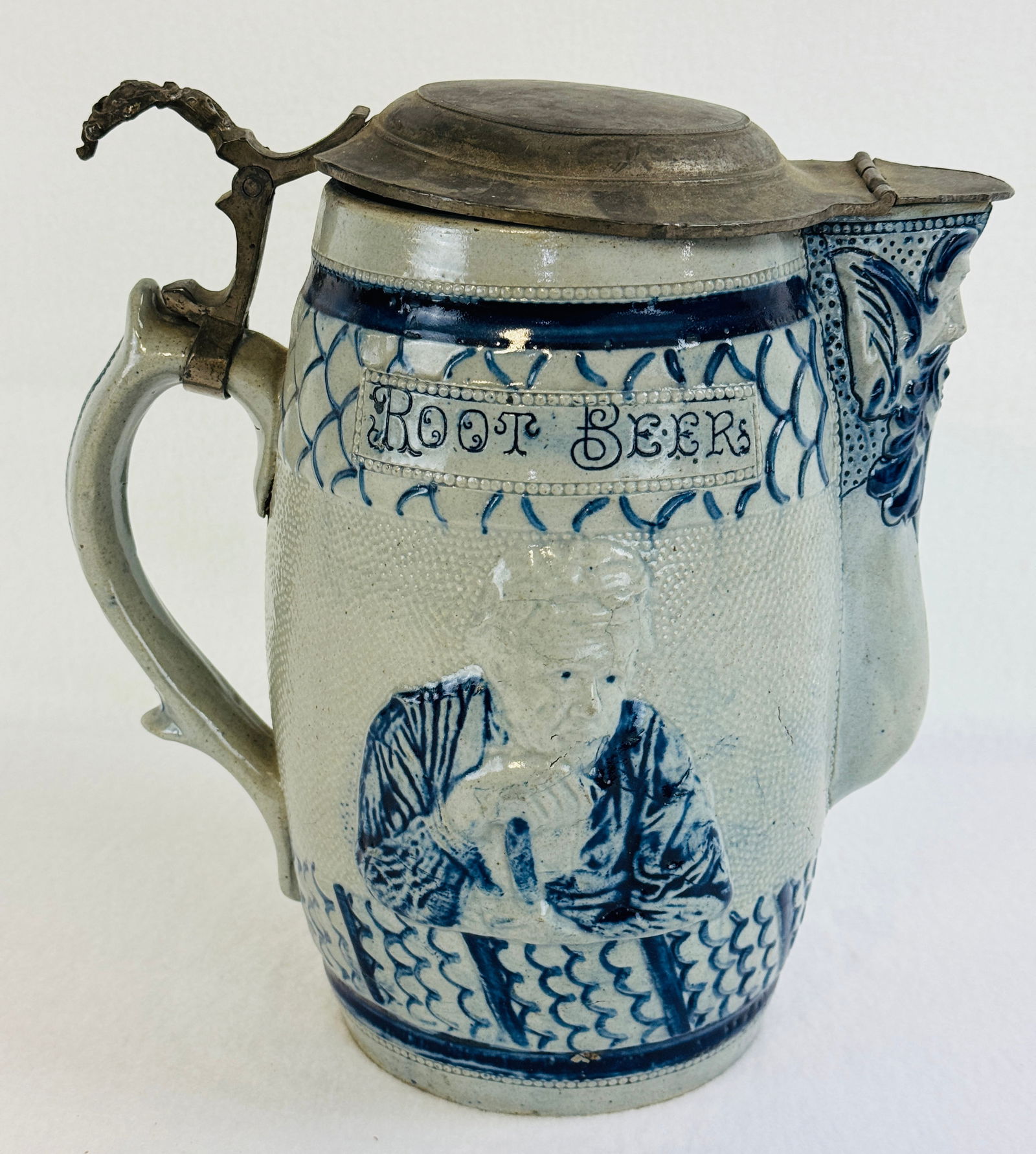 Lg Blue & White Stoneware Root Beer Pitcher (1 of 8)