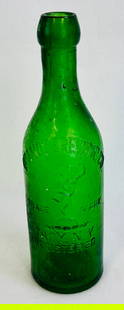 Emerald Quandt Brewing Company Beer Bottle: 9 1/4" blown in mold emerald green pre prohibition blob top beer bottle which is embossed on front Quandt Brewing Co Troy N.Y. with a depiction of their Trade Mark running Mercury. Condition - dug bot