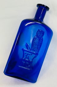 Scarce 9 3/4" One Wing Cobalt Owl Drug Co Poison Bottle  KT-1
