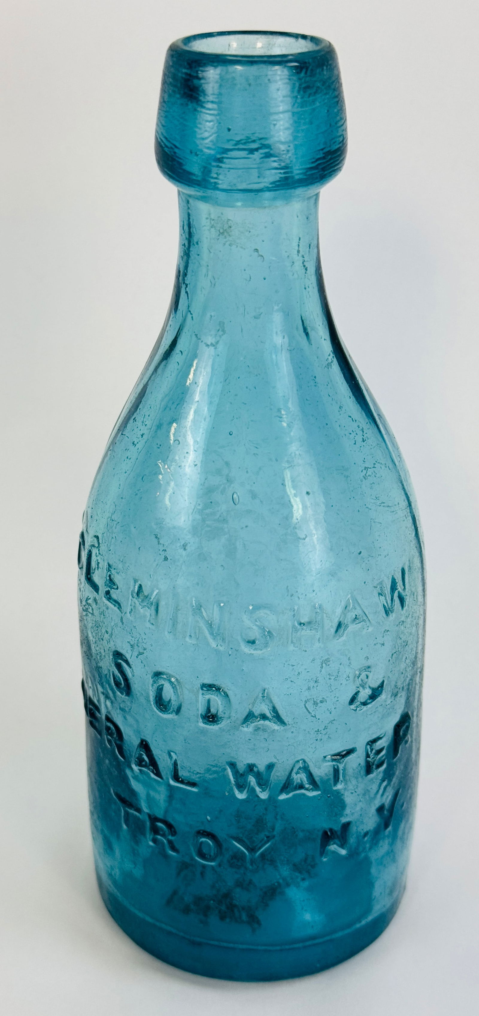 6 3/4" Lt Blue C Cleminshaw Troy NY iron Pontil Soda (1 of 8)