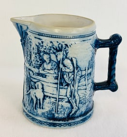 Blue & White Molded Stoneware Pitcher w Domestic Interior Scene