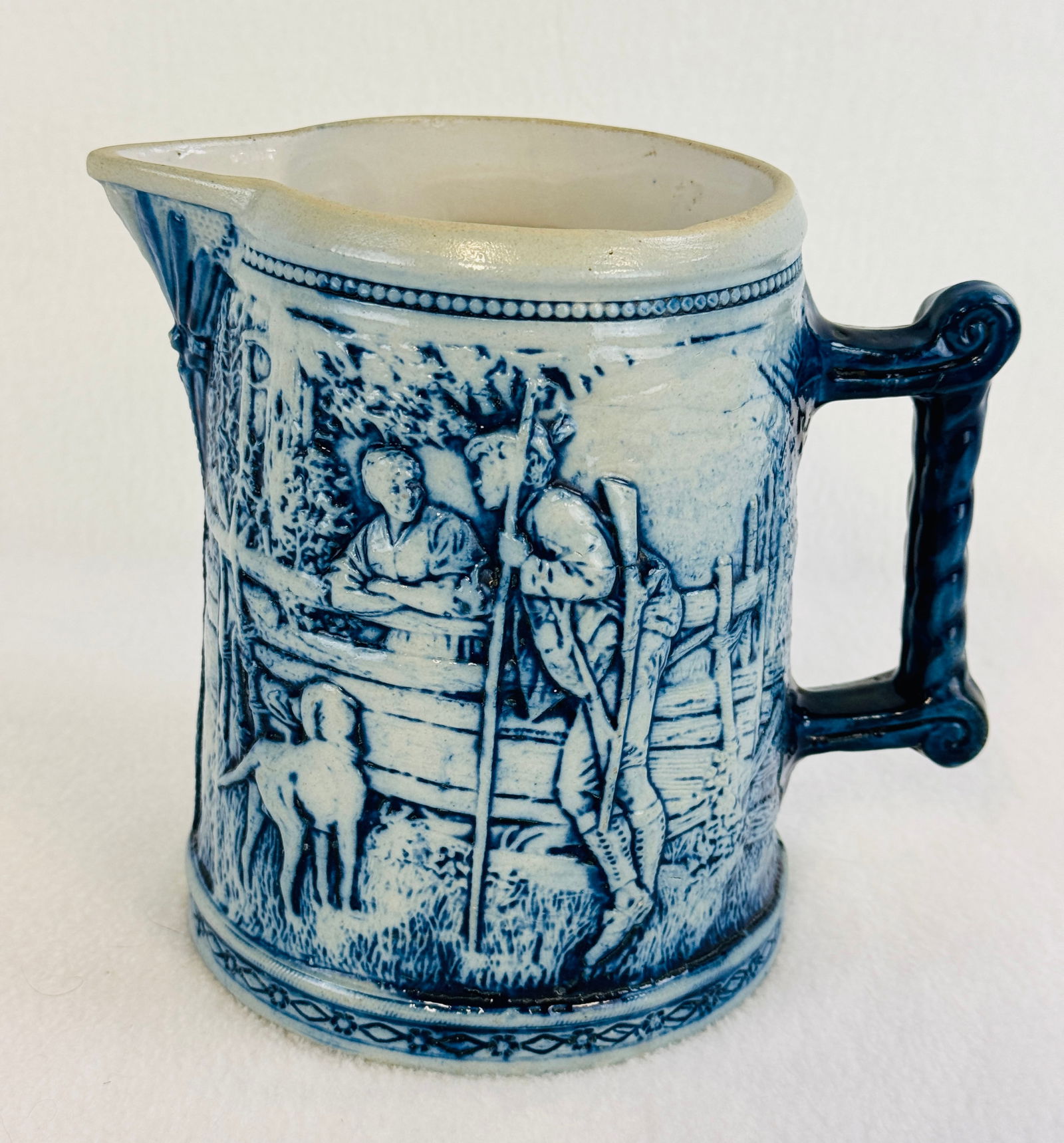 Blue & White Molded Stoneware Pitcher w Domestic Interior Scene (1 of 6)