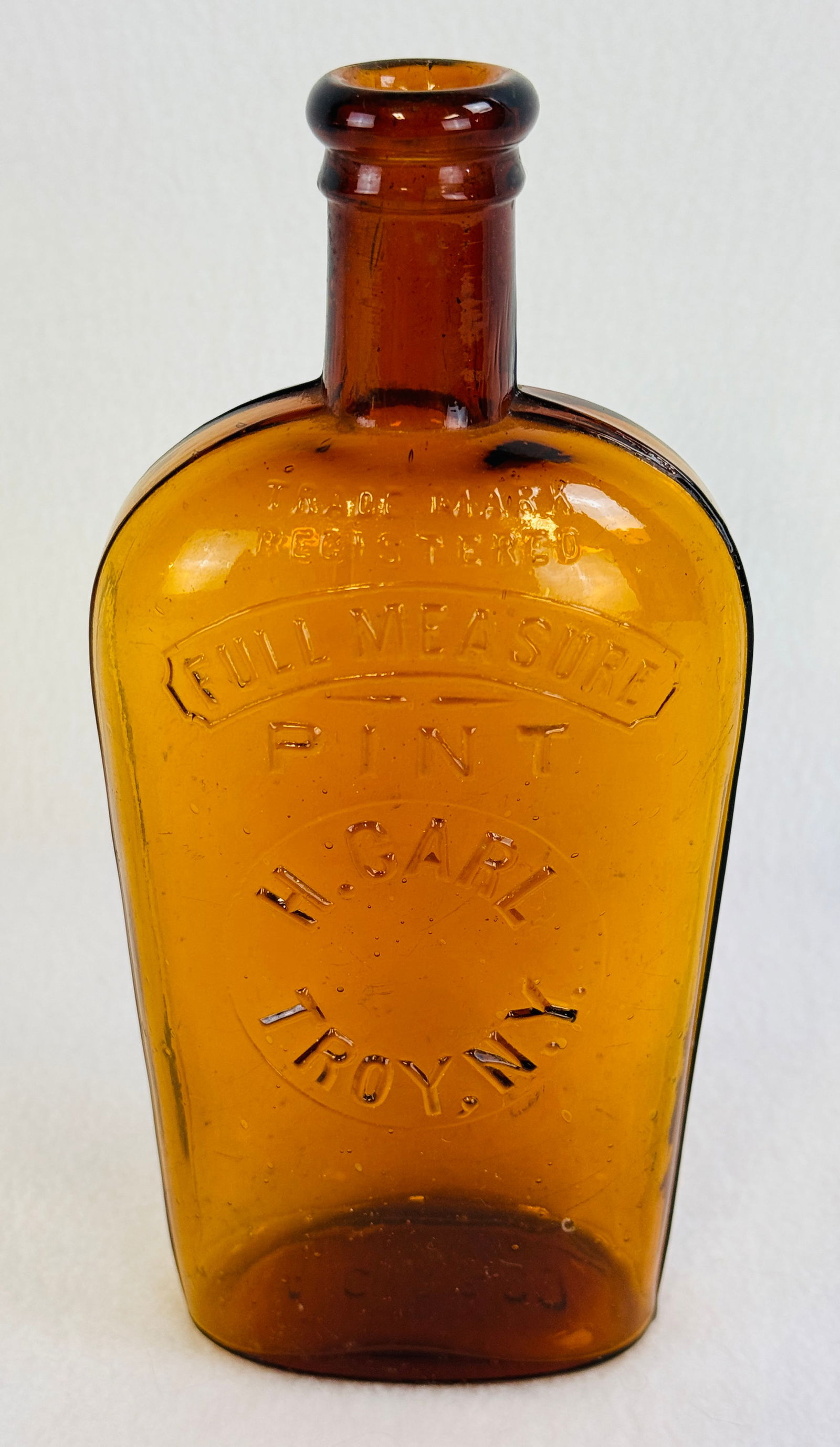 Pint Amber Strap Sided Flask H Carl Troy N.Y. (1 of 8)
