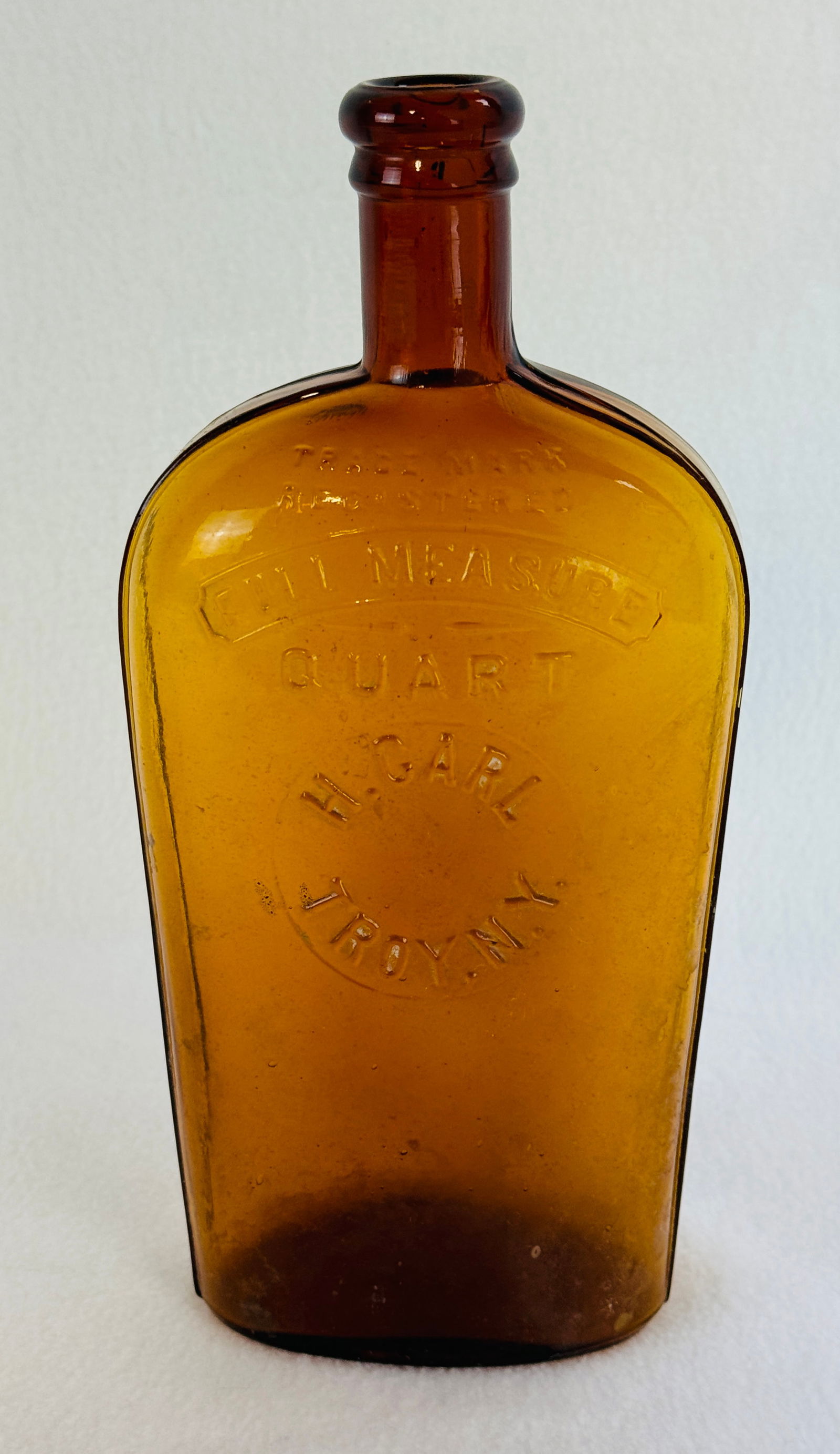 Quart Amber Strap Sided Flask H Carl Troy N.Y. (1 of 7)