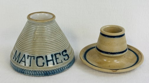 Lot 2 Blue & White Molded Stoneware Match Holders