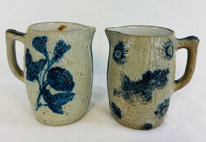 Lot 2 Blue & White Molded Stoneware Pitchers