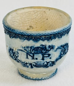 Unusual Blue & White Molded Stoneware Cup Marked N.P.