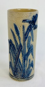 8 1/2" blue and white stoneware Vase With Woman's Head & Cattails