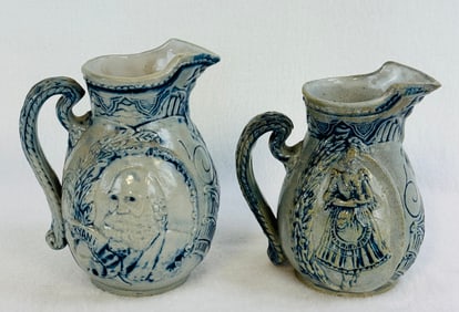 Lot 2 B.M. & Co Blue & White Molded Stoneware Pitchers