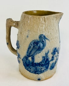 Blue & White Molded Stoneware Pitcher 8 3/4"